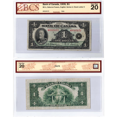 $1 1935 Bank of Canada Note English Text Letter 'A' BC-1 - BCS VF-20