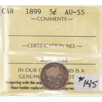SOLD Canada 1899 5 Cents Silver Coin - ICCS AU-55