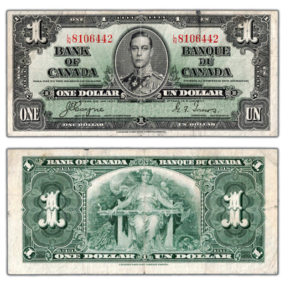 $1 1937 Bank of Canada Note Coyne-Towers L/N Prefix BC-21d - F/VF (tears)