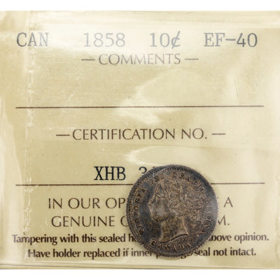 Canada 1858 10 Cents Dime Silver Coin - ICCS EF-40