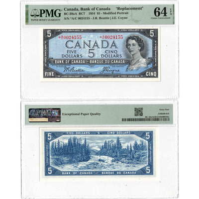SOLD $5 1954 Bank of Canada Note *A/C Replacement Prefix BC-39aA - PMG UNC 64 EPQ