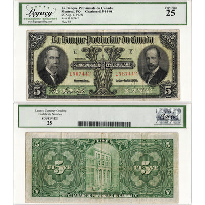 SOLD $5 1928 La Banque Provinciale du Canada Chartered Note #615-14-08 - Legacy VF-25