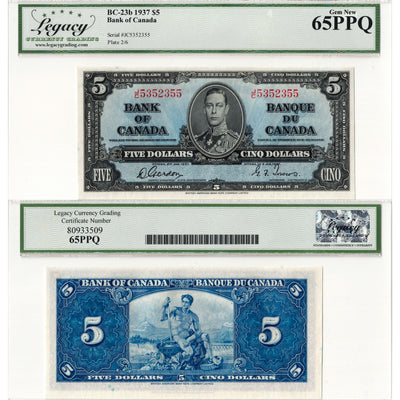 $5 1937 Bank of Canada Note Gordon-Towers J/C Prefix BC-23b - Legacy Gem UNC-65 PPQ