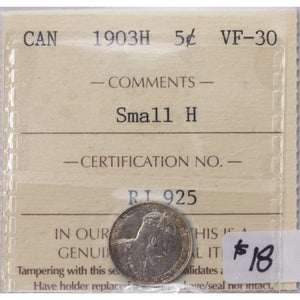 SOLD Canada 1903-H Small H 5 Cents Silver Coin - VF-30