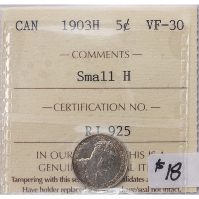SOLD Canada 1903-H Small H 5 Cents Silver Coin - VF-30