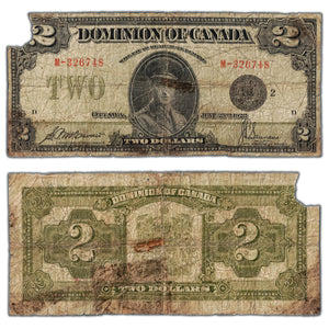 SOLD $2 1923 Dominion of Canada Note Black Seal Series M DC-26f - Missing Corner