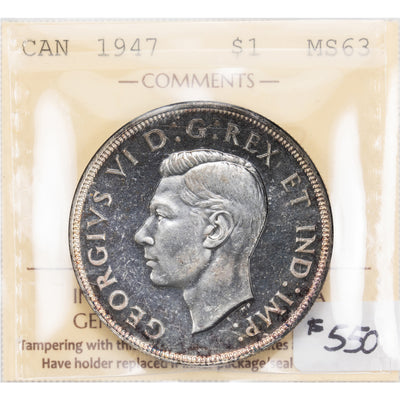 SOLD Canada 1947 Blunt 7 $1 Silver Dollar Coin - Key Date - ICCS MS-63