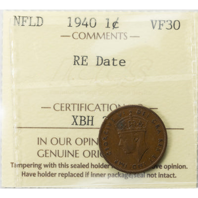 SOLD Newfoundland 1940 Re-Engraved Date 1 Cent Coin - ICCS VF-30