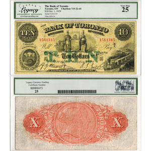 SOLD $5 1929 Bank of Toronto Canada Chartered Note #715-22-44 - Legacy VF-25