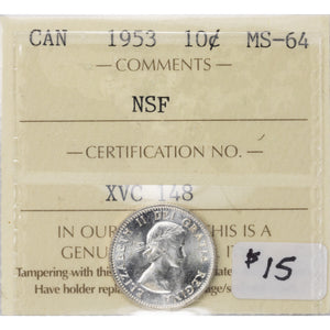 SOLD Canada 1953 NSF 10 Ten Cents Silver Coin - ICCS MS-64