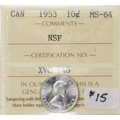 SOLD Canada 1953 NSF 10 Ten Cents Silver Coin - ICCS MS-64