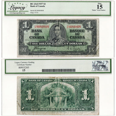 $1 1937 Bank of Canada Note Radar Serial 8089808 BC-21d - Legacy F-15