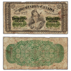 25 Cents 1870 Dominion of Canada Shinplaster Note Letter 'B' DC-1b - VG (pinholes)