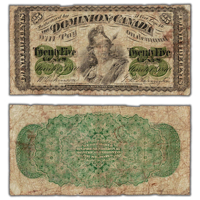25 Cents 1870 Dominion of Canada Shinplaster Note Letter 'B' DC-1b - VG (pinholes)