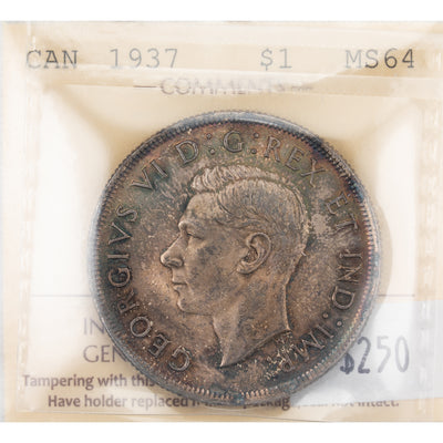 SOLD Canada 1937 $1 One Dollar Silver Coin - ICCS MS-64 Toned