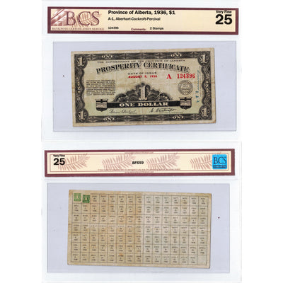 $1 1936 Province of Alberta Prosperity Certificate Note 2 Stamps A-1 - BCS VF-25