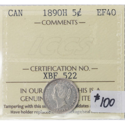 SOLD Canada 1890-H 5 Cents Silver Coin - ICCS EF-40