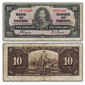 SOLD $10 1937 Bank of Canada Note Coyne-Towers D/T Prefix BC-24c - Missing Pieces