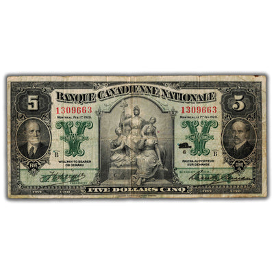 $5 1929 Banque Canadienne Nationale Chartered Note CH #85-12-02 - Fine