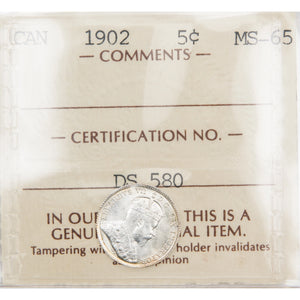 Canada 1902 5 Cents Silver Coin - ICCS MS-65