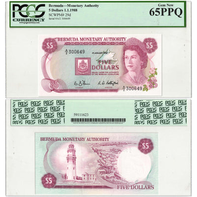 Bermuda 1988 $5 Five Dollars Note P #29d - PCGS UNC-65 PPQ
