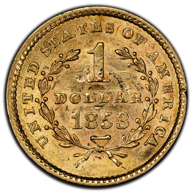 SOLD United States 1853 $1 One Dollar Gold Coin - Reverse Marks