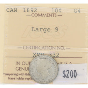 SOLD Canada 1892 Large 9 10 Cents Dime Silver Coin - ICCS G-4