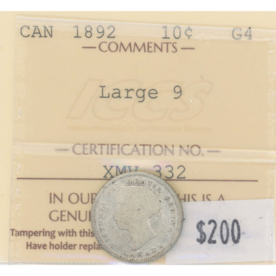SOLD Canada 1892 Large 9 10 Cents Dime Silver Coin - ICCS G-4