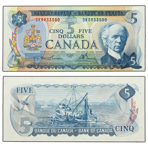 SOLD $5 1972 Bank of Canada Note Lawson-Bouey SK Prefix BC-48b - AU/UNC