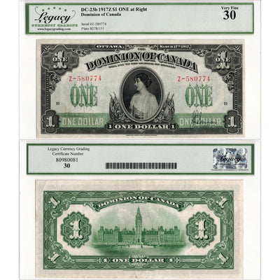 $1 1917 Dominion of Canada Note No Seal ONE at Right Series Z DC-23b - Legacy VF-30