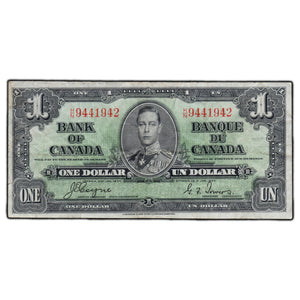 SOLD $1 1937 Bank of Canada Note Coyne-Towers H/N Prefix BC-21d - F/VF (tear)