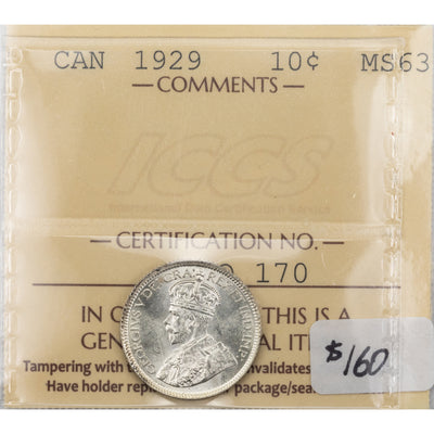 SOLD Canada 1929 10 Cents Dime Silver Coin - ICCS MS-63