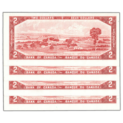 SOLD $2 1954 Bank of Canada Notes *K/G Replacement Prefix BC-38dA - 4 Consecutive AU