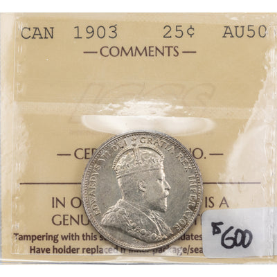SOLD Canada 1903 25 Cents Quarter Silver Coin - ICCS AU-50
