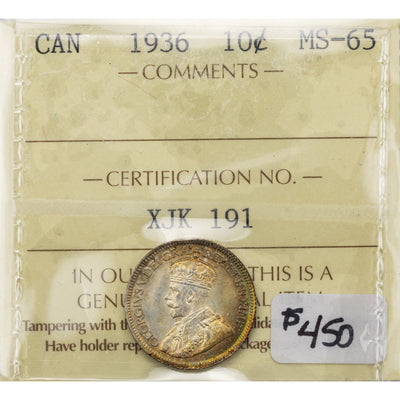 SOLD Canada 1936 10 Cents Dime Silver Coin - ICCS MS-65