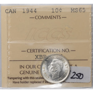 SOLD Canada 1944 10 Ten Cents Silver Coin - ICCS MS-65