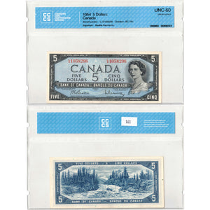 SOLD $5 1954 Bank of Canada Note Beattie-Rasminsky L/S Prefix BC-39b - CCCS UNC-60