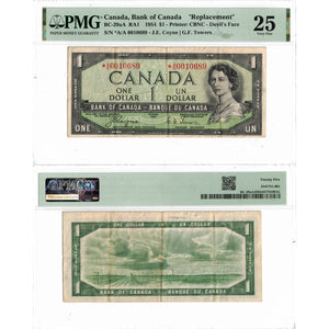 SOLD $1 1954 Bank of Canada Note Devil Face *A/A Replacement Prefix BC-29aA - PMG VF-25