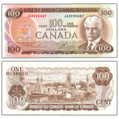 $100 1975 Bank of Canada Note Lawson-Bouey JA Prefix BC-52a - AU+