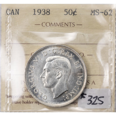 SOLD Canada 1938 50 Cents Half Dollar Silver Coin - ICCS MS-62