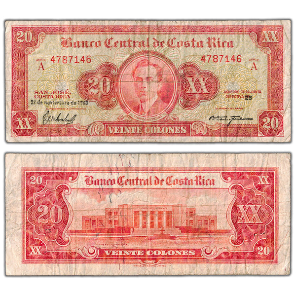 Costa Rica 1963 20 Twenty Colones Note P #222c - Circulated - The ...