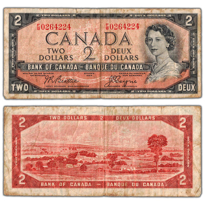 $2 1954 Bank of Canada Note Devil Face F/B Prefix BC-30b - Stained