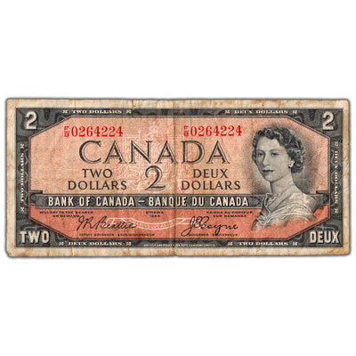 $2 1954 Bank of Canada Note Devil Face F/B Prefix BC-30b - Stained