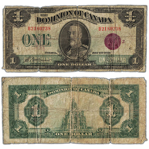 SOLD $1 1923 Dominion of Canada Note Bronze Seal Series B DC-25i - Edge Tears/Holes