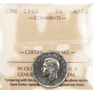 SOLD Canada 1946 5 Cents Nickel Coin - ICCS MS-64