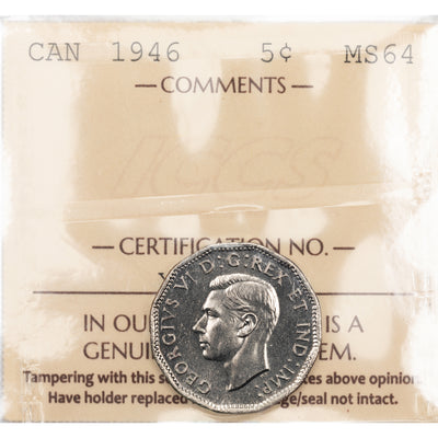 SOLD Canada 1946 5 Cents Nickel Coin - ICCS MS-64