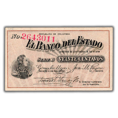 SOLD Colombia El Banco Del Stado 1900 20 Centavos Note P #S502 - AU
