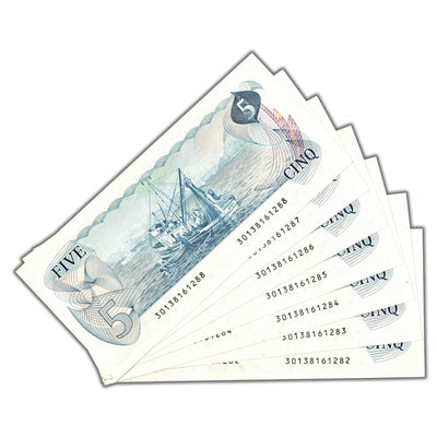 SOLD $5 1979 Bank of Canada Notes Lawson-Bouey Bc-53a - 7 Consecutive AU/UNC