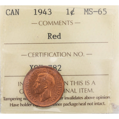 Canada 1943 1 Small Cent Coin - ICCS MS-65 Red