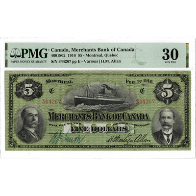 SOLD $5 1916 Merchants Bank of Canada Chartered Note #460-18-02 - PMG VF-30